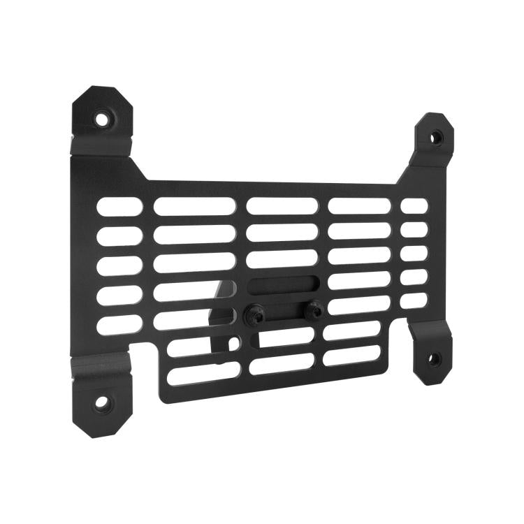 Black quick-release license plate frame with perforated grille and four mounting holes