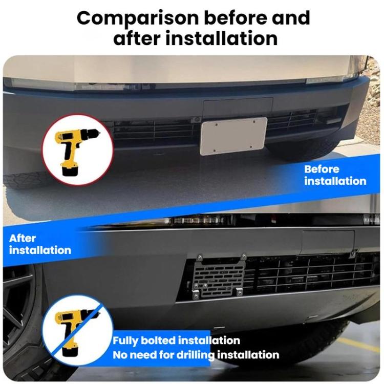 Vehicle front with black license plate frame installed, showing before and after