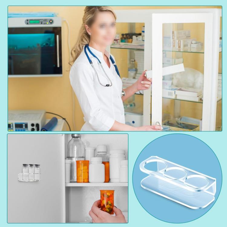 Doctor using a cabinet shelf organization setup with a three-hole bottle stand