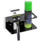 Black acrylic razor storage stand holding razors and a green bottle on wall mount