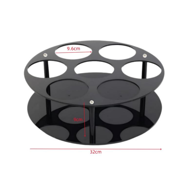 Black round acrylic bottle holder, 32 cm diameter, 2-tier design with cutouts