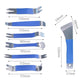 Car panel removal clips with blue body and silver metal tips, shown with size markings