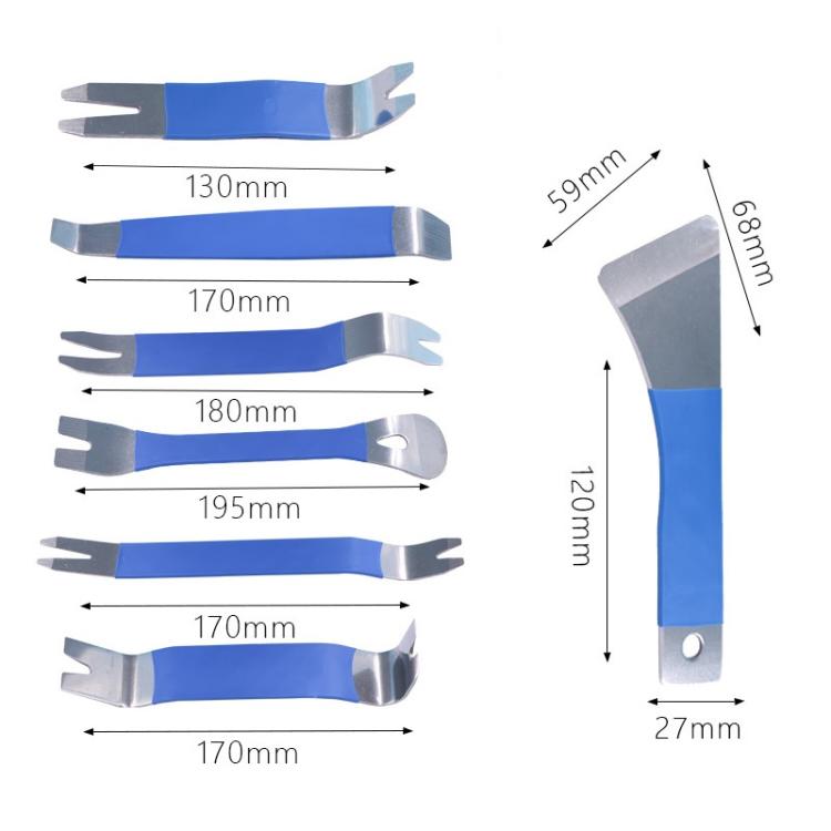 Car panel removal clips with blue body and silver metal tips, shown with size markings