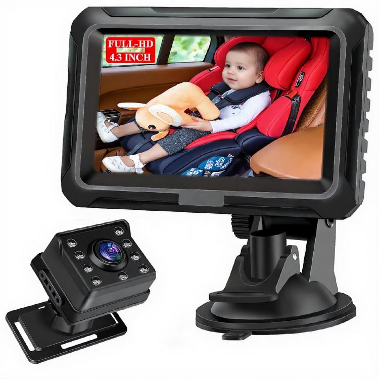 Car baby monitor with 4.3-inch display and camera unit, showing infant in red car seat