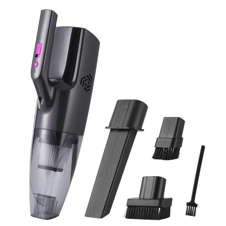 Handheld small vacuum cleaner with transparent dust bin and multiple brush attachments, black/gray