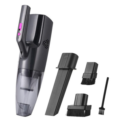 Handheld small vacuum cleaner with transparent dust bin and multiple brush attachments, black/gray