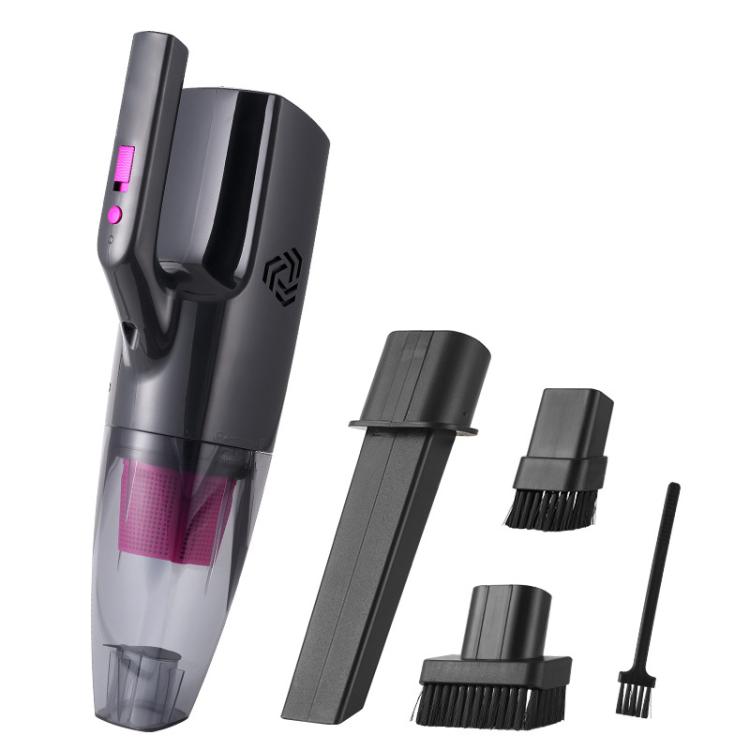 Small handheld vacuum cleaner with transparent dust bin and four brush nozzles, black/gray