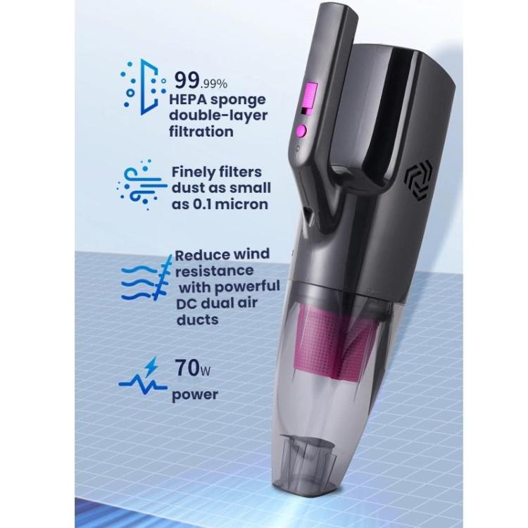 Handheld vacuum cleaner with pink filter panel and transparent dust bin, black/gray