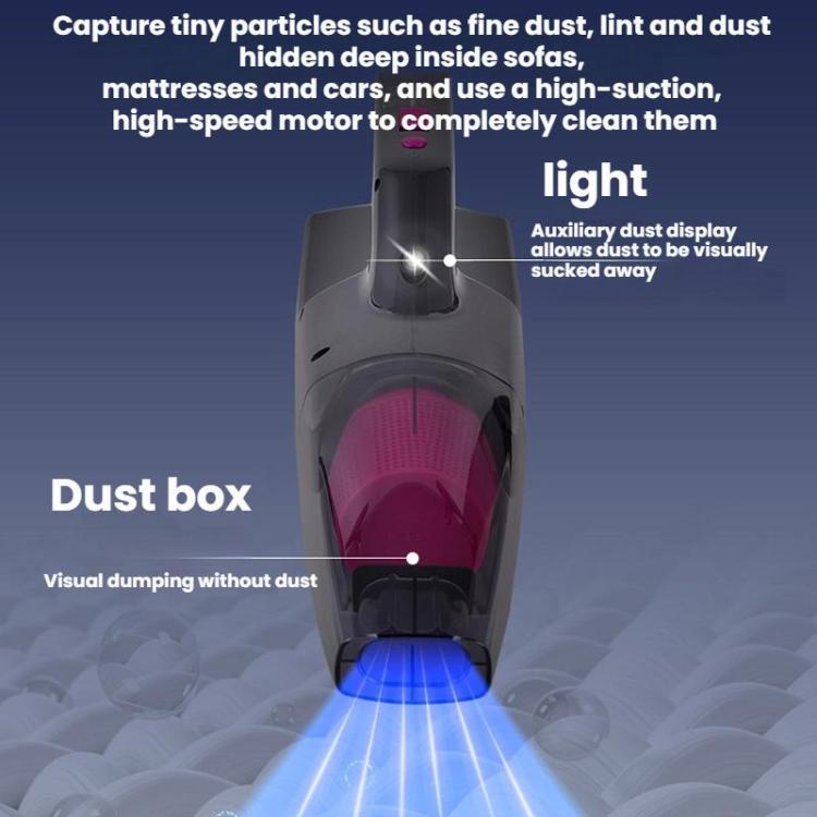 Handheld vacuum nozzle with dust box and blue light beam, black/gray with pink filter