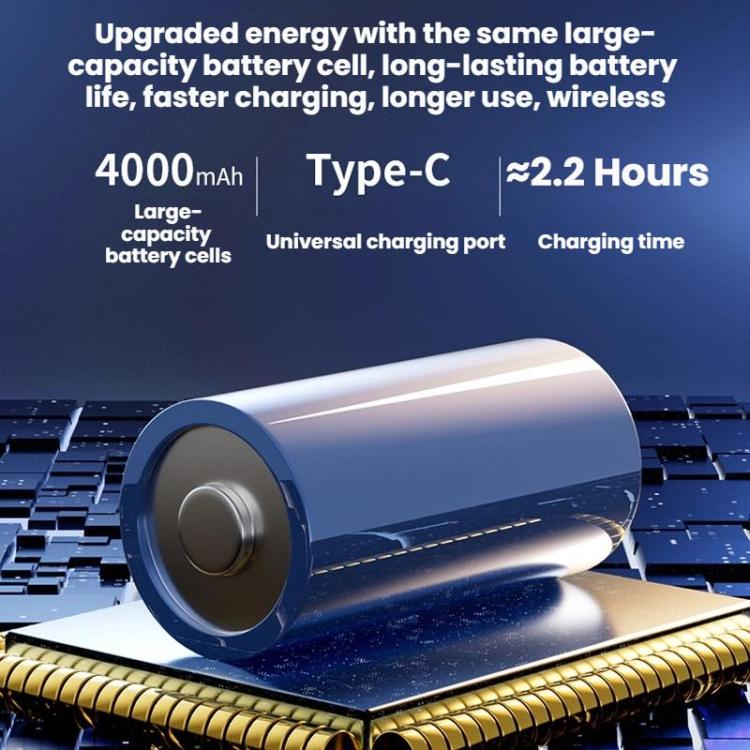 Blue-gray battery charging feature graphic with Type-C port for handheld vacuum