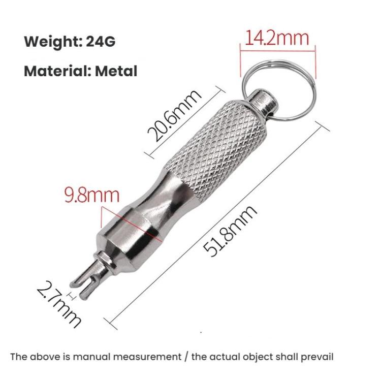 Metal valve core wrench with textured grip and key ring for tire valves