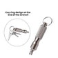 Metal valve core wrench with textured handle and key ring, dual-prong end