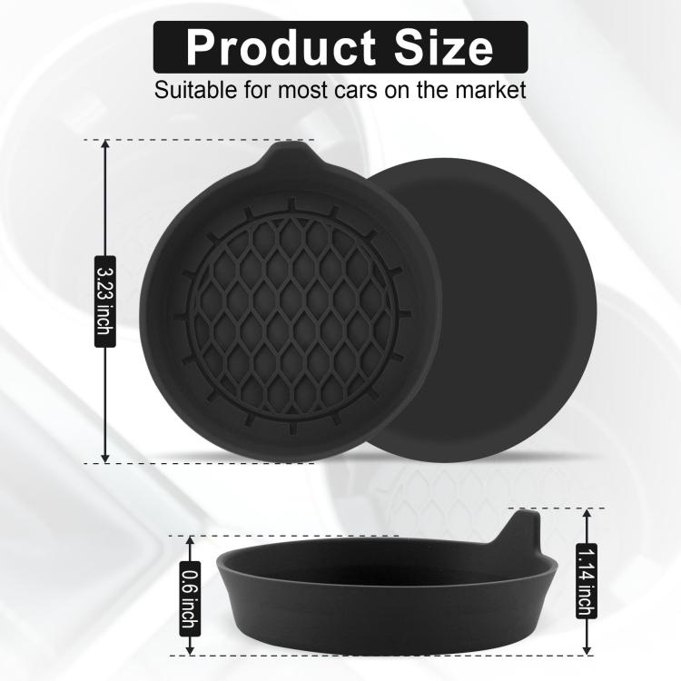 Black silicone car coaster with textured anti-slip round pad and raised rim