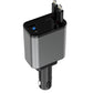 Compact car charger with LED indicator and dual plug connectors, front angle view