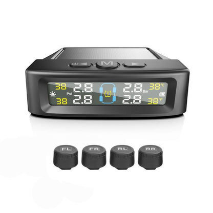 TPMS monitor with LCD display and four black wheel sensors labeled FL, FR, RL, RR