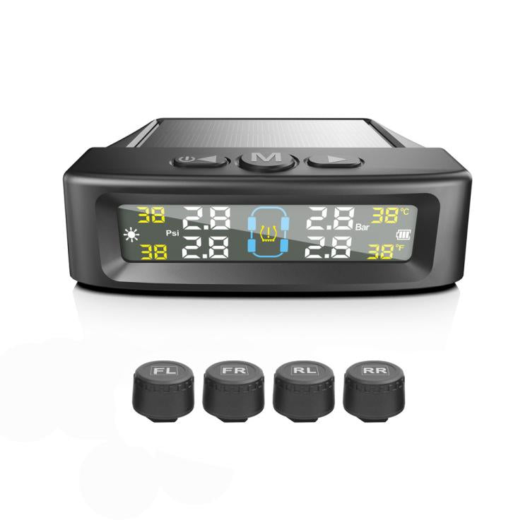 Automotive TPMS monitor kit featuring LCD readout and four external sensors (FL/FR/RL/RR)