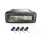 Car TPMS monitor kit showing tire pressures on screen plus four valve sensors