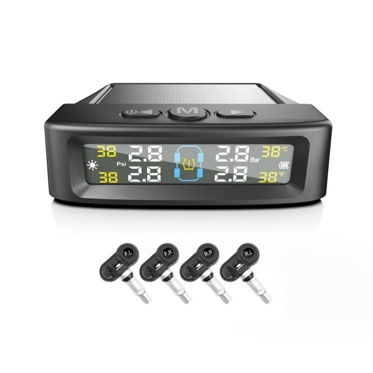 Car TPMS monitor and four valve-mounted sensors with digital tire pressure display
