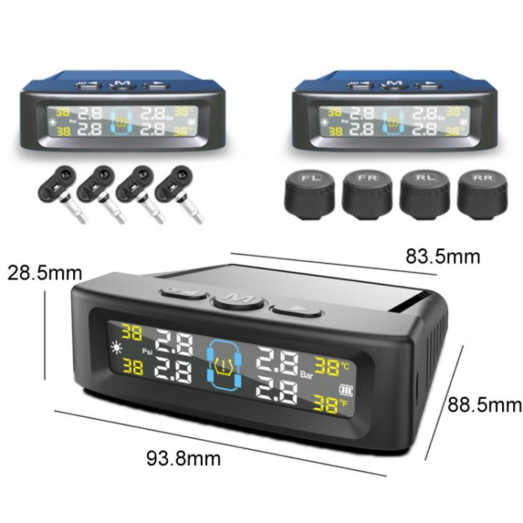 Car TPMS display unit with four external sensors, showing tire pressure and temperature