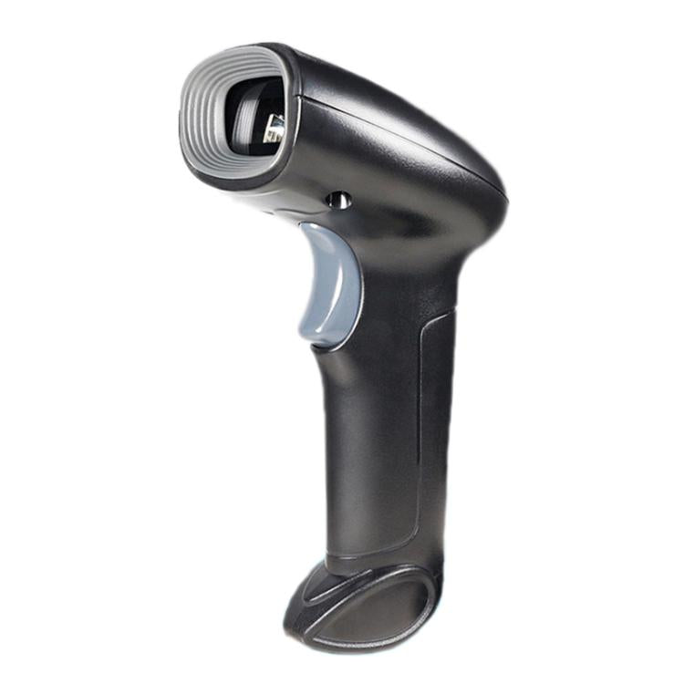 Handheld barcode scanner with black ergonomic grip and curved trigger button