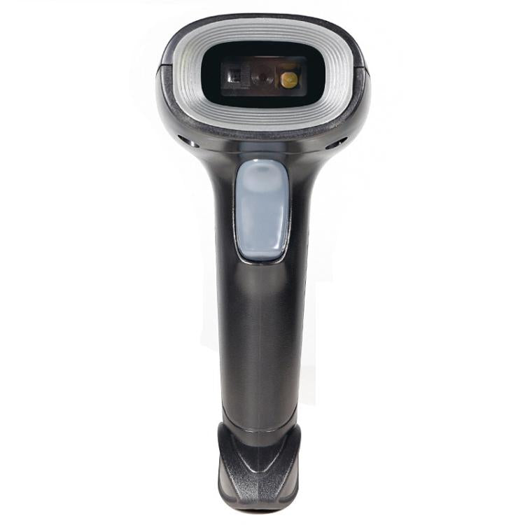 Handheld barcode scanner front view with scan window and light indicator trigger