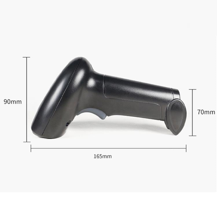 Handheld barcode scanner with size dimensions shown, black body and round head