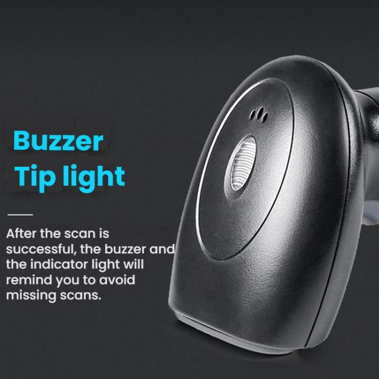 Black handheld barcode scanner close-up with top scan area and small light window
