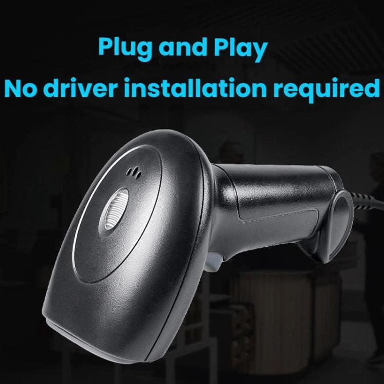 Black barcode scanner with cable connection and rounded front scan head