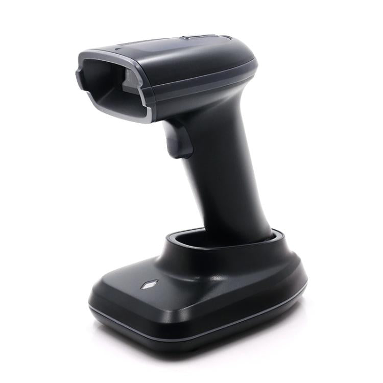 Black wireless barcode scanner with charging stand base, handheld trigger shape