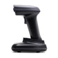 Black handheld barcode scanner with charging base, side profile view