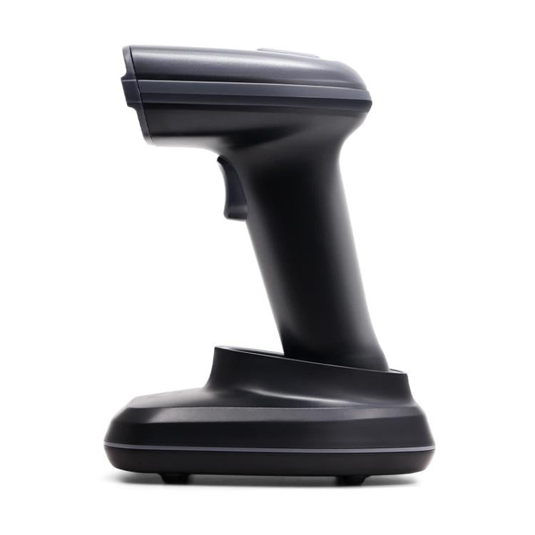 Black handheld barcode scanner with charging base, side profile view