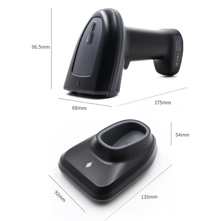 Black barcode scanner with base cradle, side view with size callouts