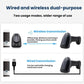 Black wireless barcode scanner on base, dual wired/wireless usage diagram backdrop
