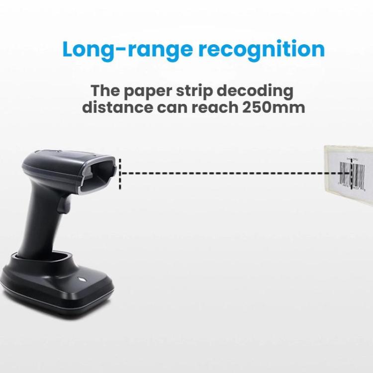 Black barcode scanner with base, long-range recognition diagram on background