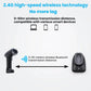 Black wireless barcode scanner with charging base, 2.4G range diagram background