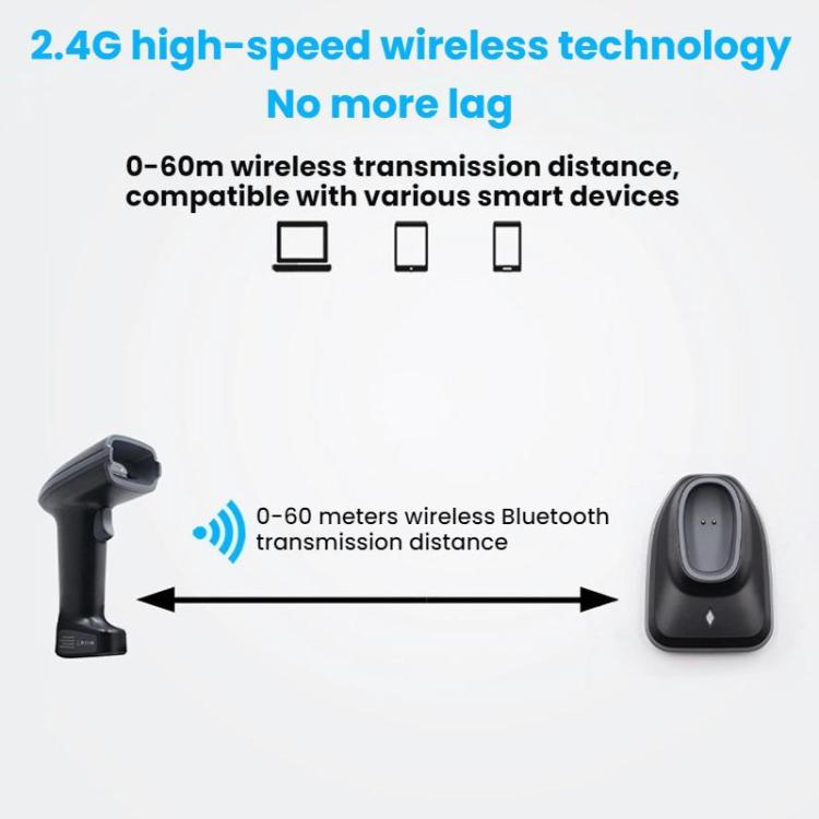 Black wireless barcode scanner with charging base, 2.4G range diagram background