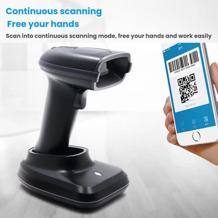Black wireless barcode scanner with stand base, continuous scanning setup