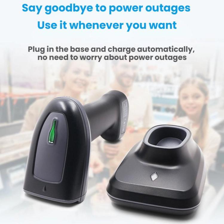 Black barcode scanner and charging base docked together, auto-charge configuration