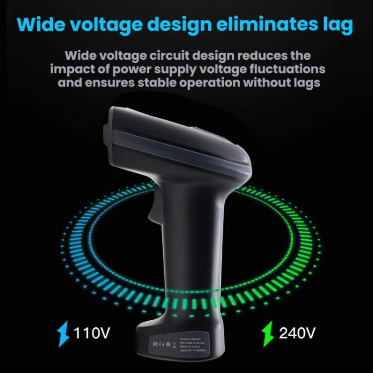 Wireless QR barcode scanner with base stand, dark gray handheld body