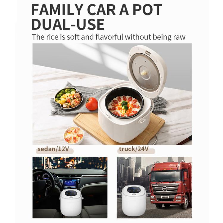 Portable car rice cooker with lid open on a wooden board, showing inner pot