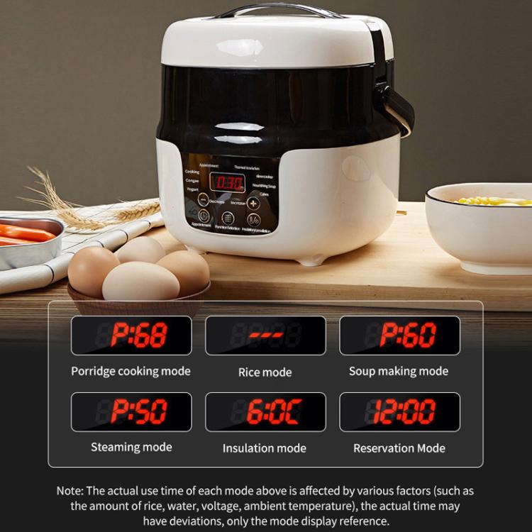 2L car rice cooker with digital control display and modes, white and black body