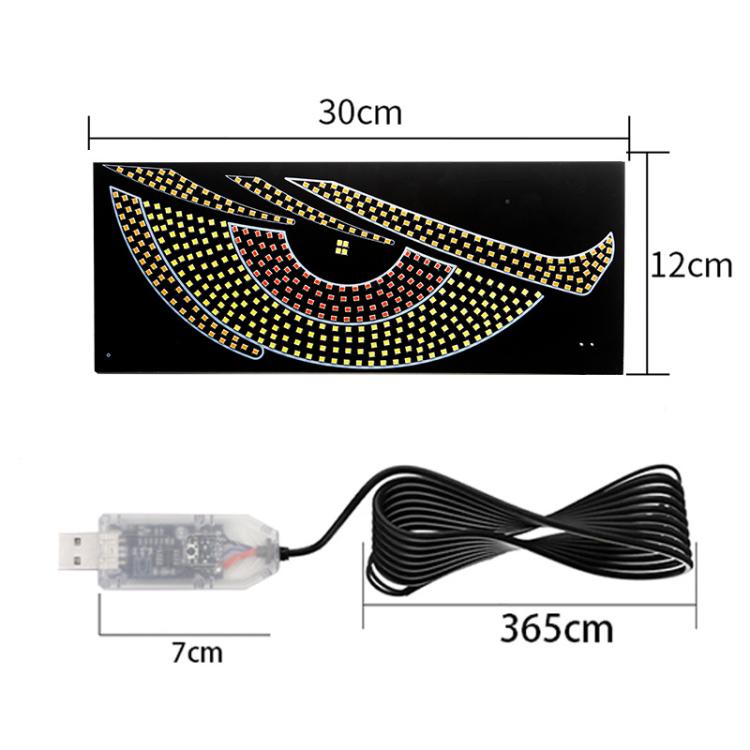 LED eye decal strip set with dimensions and USB controller wiring cable