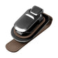 Car sun visor glasses holder with brown fabric pad and stitched border, snap clip
