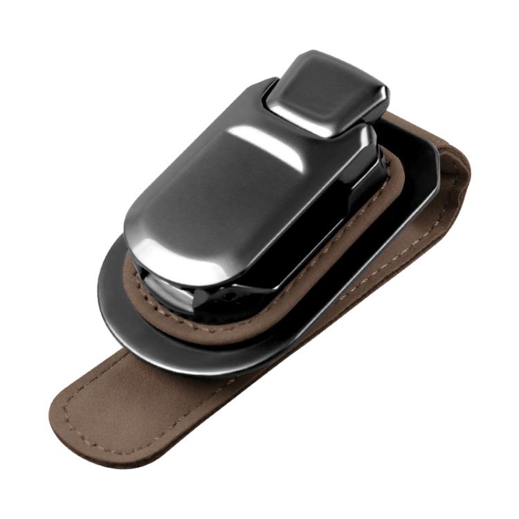 Car sun visor glasses holder with brown fabric pad and stitched border, snap clip