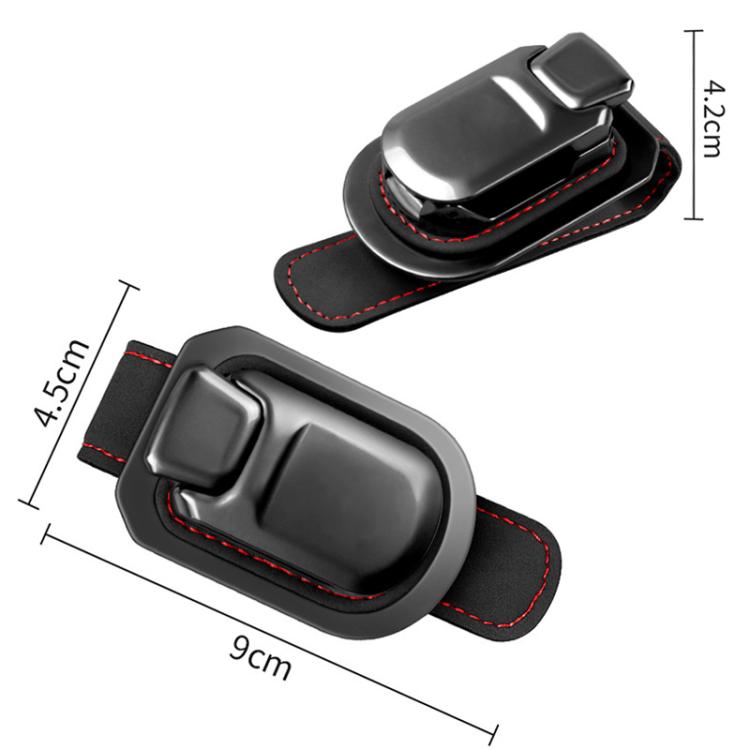 Car sun visor glasses holder clip with black frame and red stitched trim, angled view