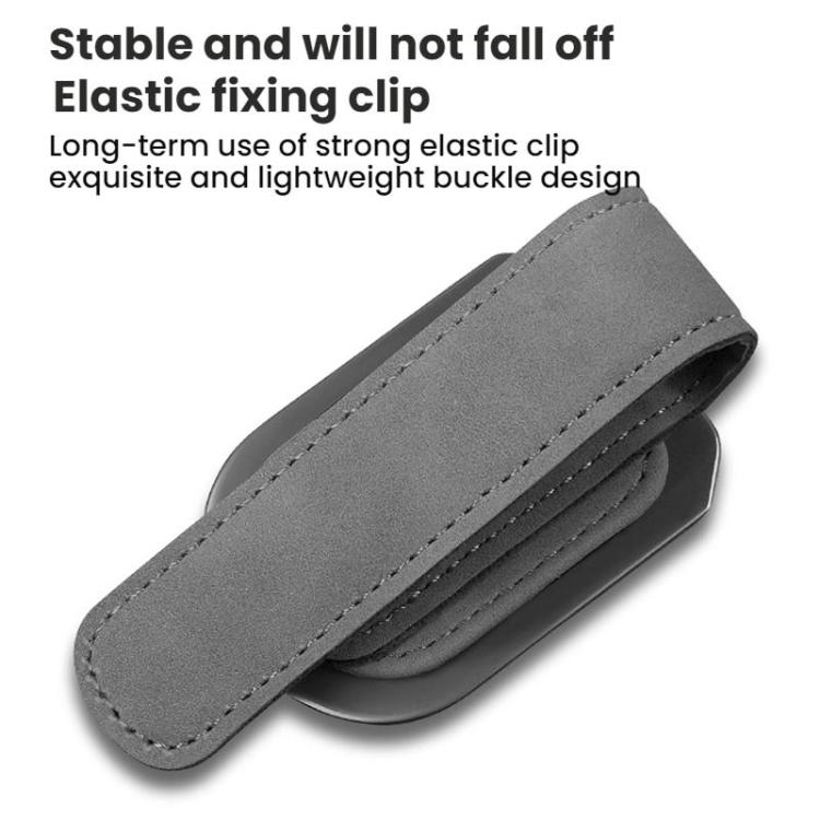 Car sun visor glasses holder with gray fabric strap and protective padded interior
