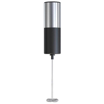Electric milk frother stick with stainless steel tube and whisk head.
