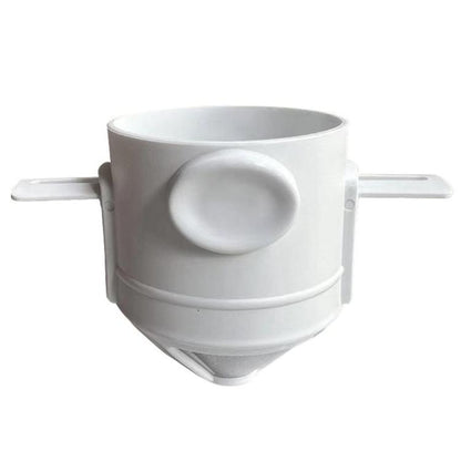 White portable coffee filter cup with integrated mesh cone and side handles