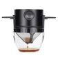 Black coffee filter cup with mesh cone dispensing into a glass cup