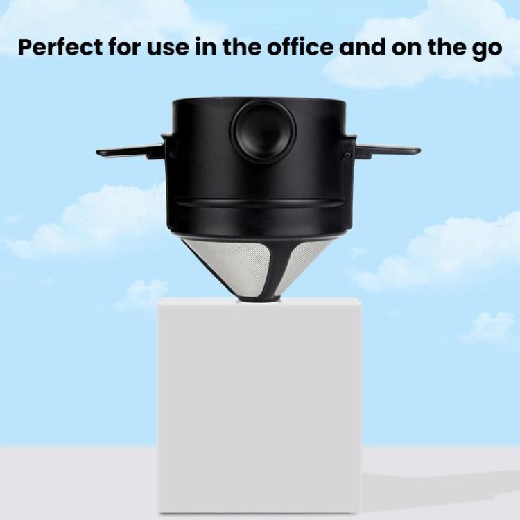 Black portable coffee filter cup on base platform with side handles